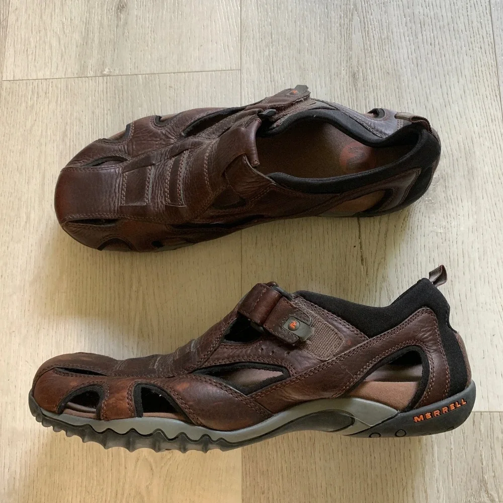 Merrell Mens Brown Leather Fisherman Sandals Closed Toe Hiking Shoes Air Cushion